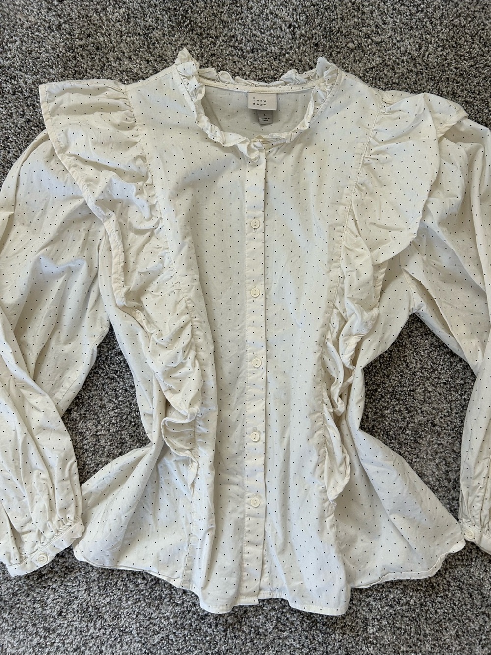 A New Day | White Polka Dot Ruffled Button Up Blouse Women’s size Large